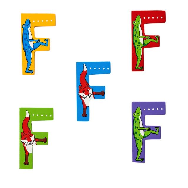 Wooden letter F with Frog and Fox designs on blue, green, yellow, red and purple backgrounds.
