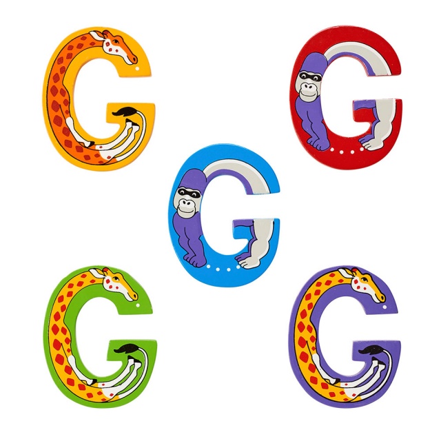 Wooden letter G with Gorilla and Giraffe designs on blue, green, yellow, red, purple backgrounds.
