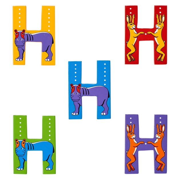 Wooden letter H with Hippo and Hare designs on blue, green, yellow, red and purple backgrounds.
