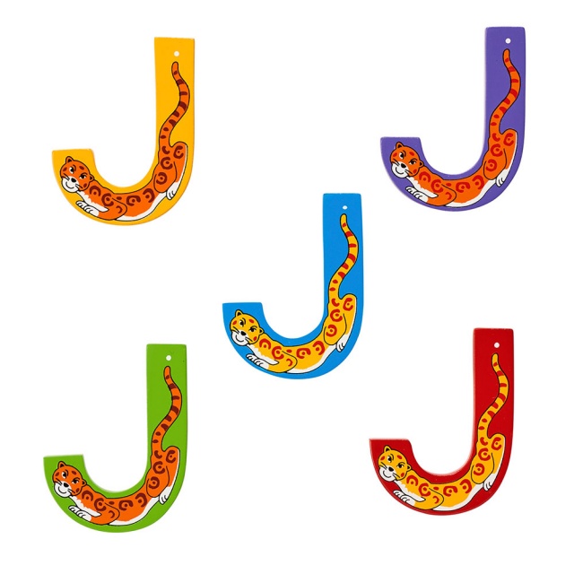Wooden letter J with Jaguar designs on blue, green, yellow, red and purple backgrounds.