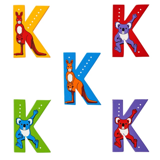 Wooden letter K with Koala and Kangaroo designs on blue, green, yellow, red, purple backgrounds.