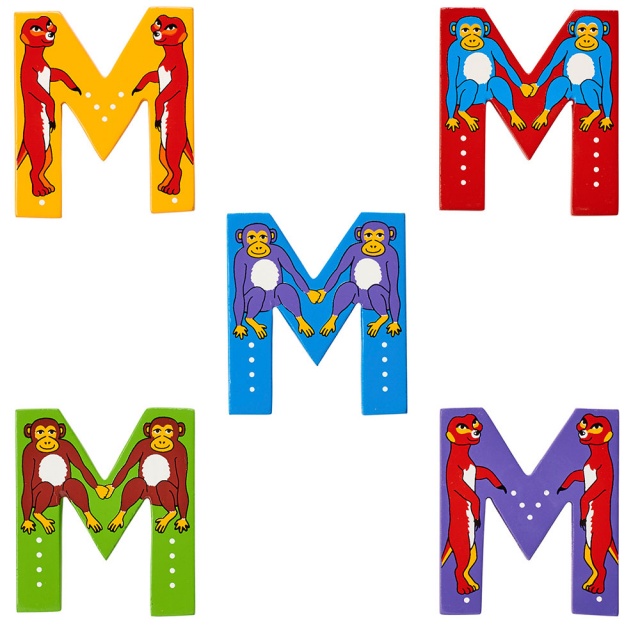 Wooden letter M with Monkey and Meerkat designs on blue, green, yellow, red, purple backgrounds.