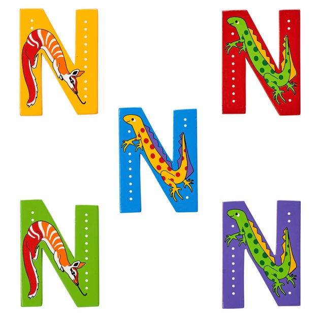 Wooden letter N with Numbat and Newt designs on blue, green, yellow, red and purple backgrounds.