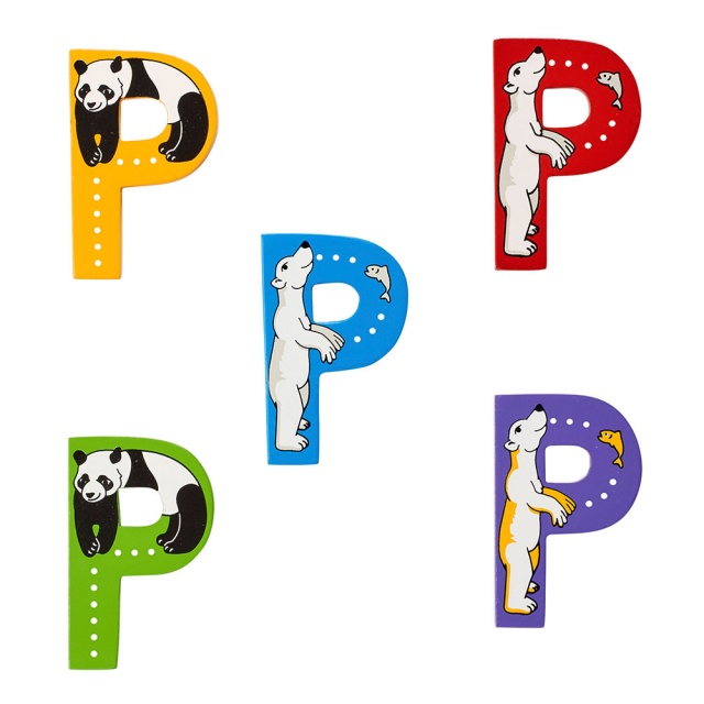 Wooden letter P with Panda and Polar Bear designs on blue, green, yellow, red, purple backgrounds.