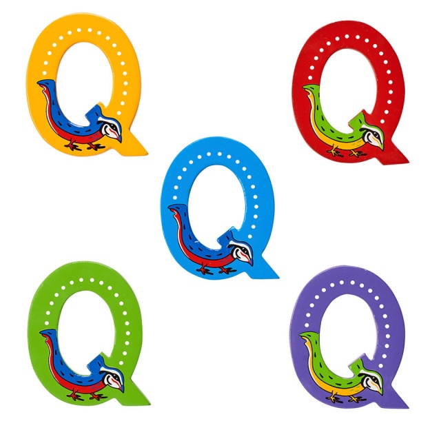 Wooden letter Q with Quail designs on blue, green, red, purple and yellow backgrounds.