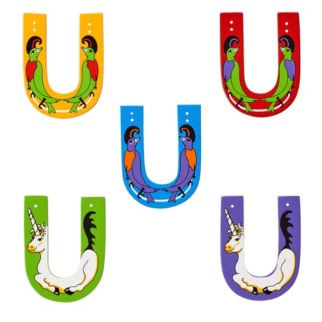 Wooden letter U with Unicorn and Umbrella bird designs on blue, green, red, purple, yellow backdrops