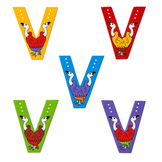 Wooden letter V with Vulture designs on blue, green, red, purple and yellow backgrounds.