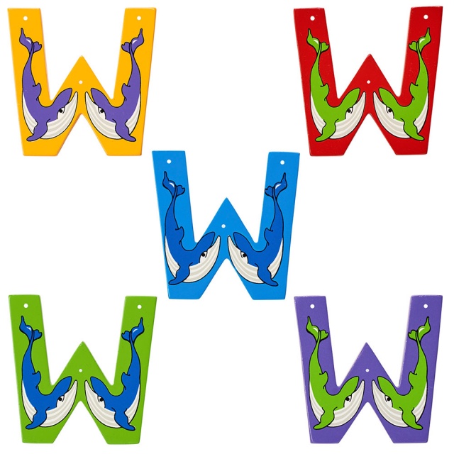 Wooden letter W with Whale designs on blue, green, red, purple and yellow backgrounds.