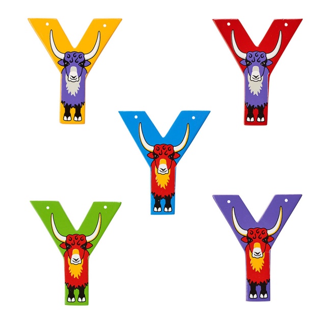 Wooden letter Y with colourful Yak designs on blue, green, red, purple and yellow backgrounds.