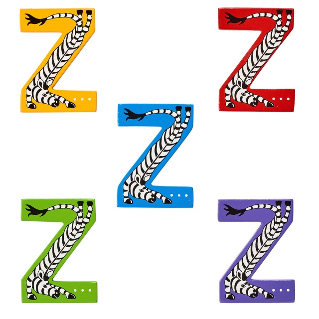 Wooden letter Z with colourful Zebra designs on blue, green, red, purple and yellow backgrounds.