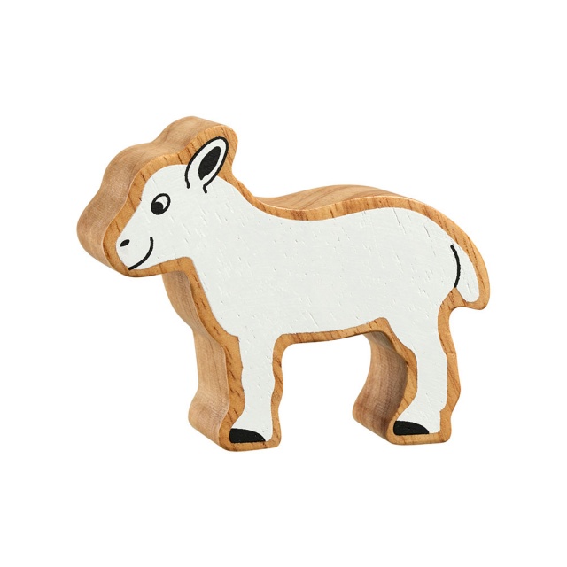 A chunky wooden white lamb toy figure with a natural wood edge