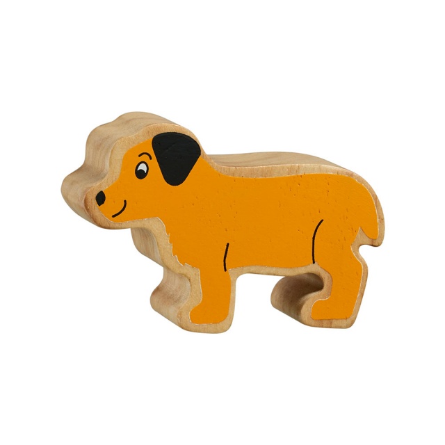 A chunky wooden yellow puppy toy figure with a natural wood edge
