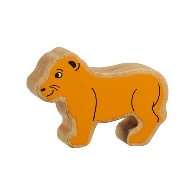 A chunky wooden yellow lion cub toy figure with a natural wood edge