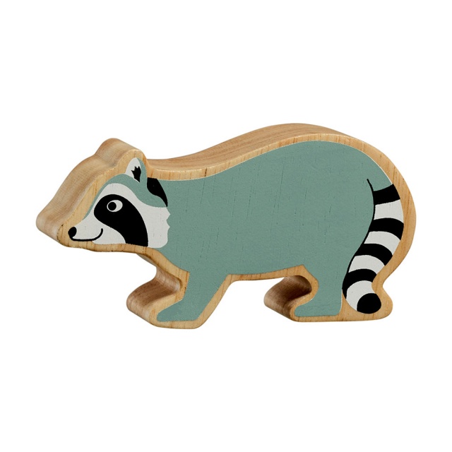 A chunky wooden grey raccoon toy figure with a natural wood edge