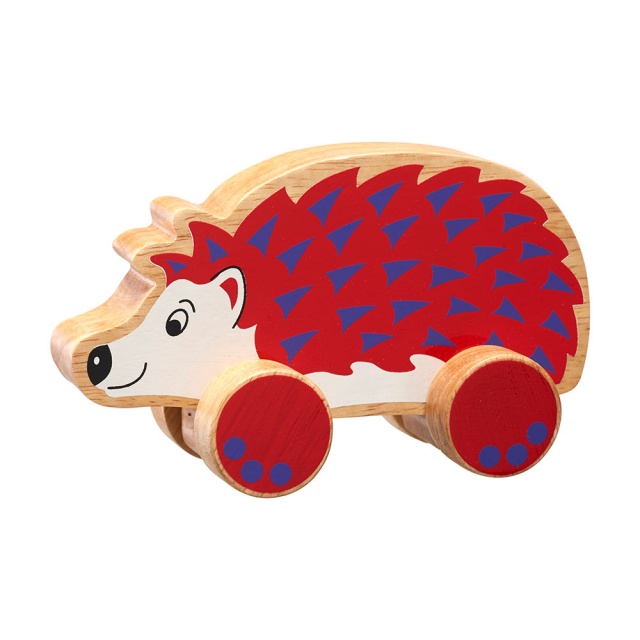 Chunky natural wood red and purple hedgehog on wheels push along