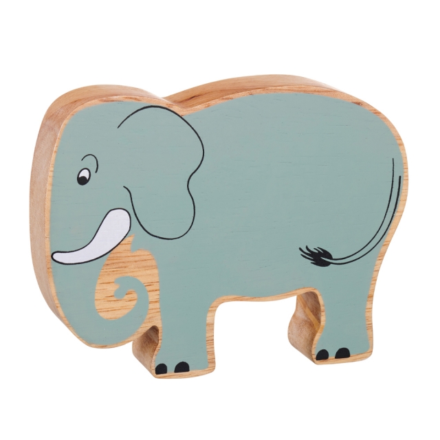 A chunky wooden painted elephant toy figure in profile with a natural wood edge