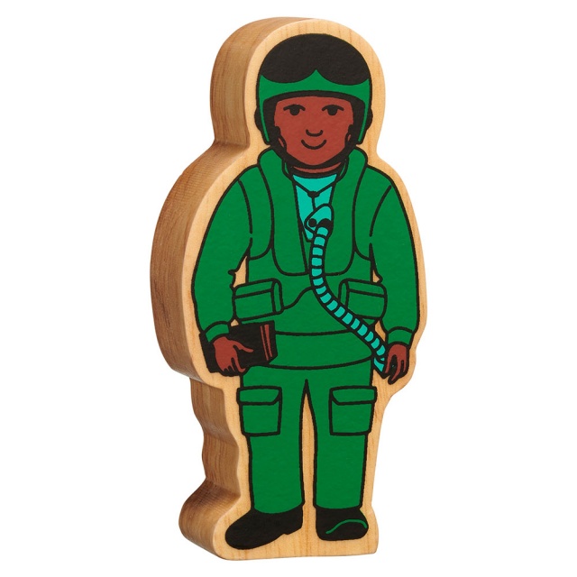 A chunky wooden green air force officer toy figure with a natural wood edge