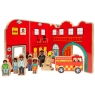 A quarter of the Fire and Police toy world with wooden toy people and fire engine