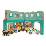 A quarter of the Fire and Police toy world with wooden toy people and police car