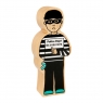 A chunky black and white burglar with ID card wooden toy figure with a natural wood edge