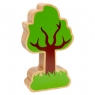 Reverse of a chunky wooden tree on fire showing lush green leave toy figure