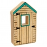 A chunky wooden toy shed in profile with a cut out window and turquoise roof