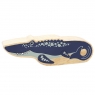 A chunky wooden dark blue mosasaurus dinosaur toy figure with natural wood edge