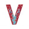 Sparkly pink wooden letter V with colourful Vase design hand screen printed on the front