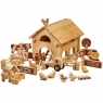 Large natural wood toy barn building with farm animals, people, walls, fences and hedge, 34 in total