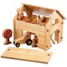 Natural wooded toy barn house with roof removed showing farm animals, people and accessories inside