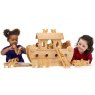 Two children playing with Noah's ark wooden toy boat and characters