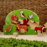 Childrens wooden toy green tree shape sorter tray with six removable colourful animals with wicker b