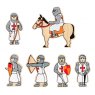 A set of six red wooden knight toy figures shown side on.