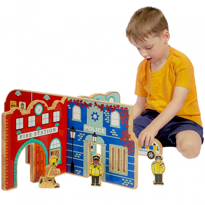 Wooden fire and police toy world playset