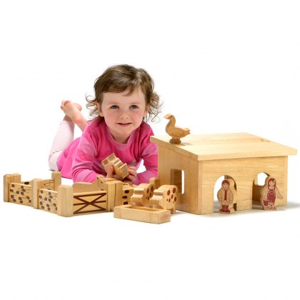 Wooden pig & sheep barn playset with natural wood characters