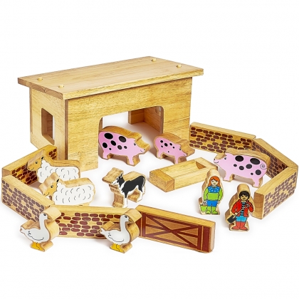 Wooden pig & sheep barn playset with colourful characters