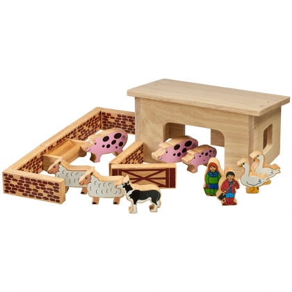 Wooden pig & sheep barn playset with colourful characters