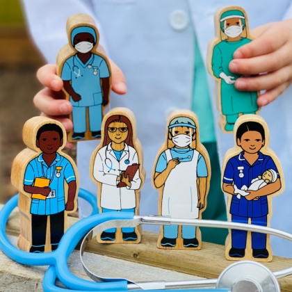 Wooden blue nurse in scrubs toy