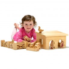 Wooden pig & sheep barn playset with natural wood characters