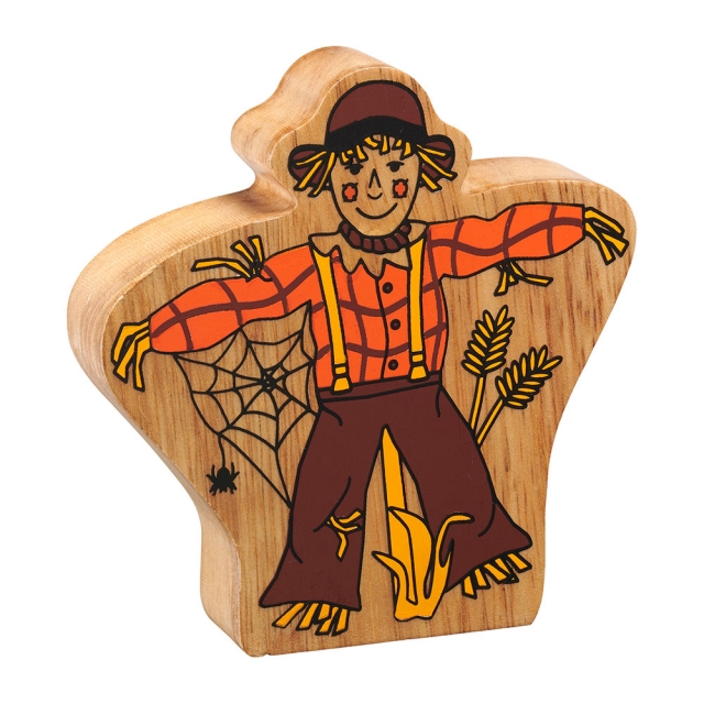 A chunky wooden orange and brown scarecrow toy figure in profile
