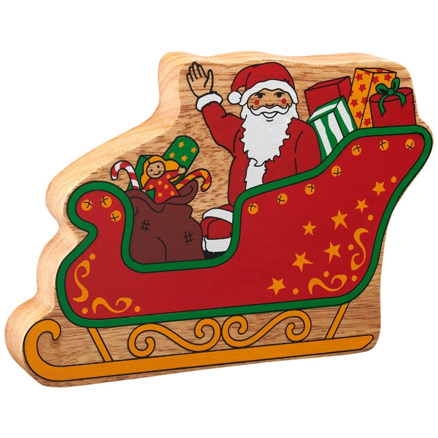 A chunky wooden Father Christmas in a Sleigh toy figure in profile with a natural wood edge