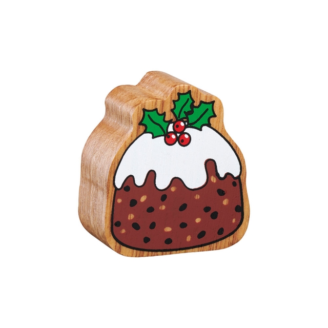 A chunky wooden Christmas pudding toy figure in profile with a natural wood edge