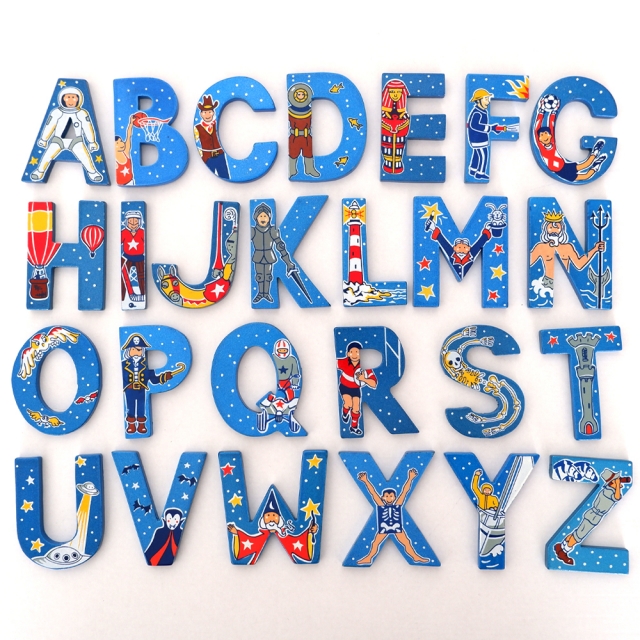Set of 26 wooden letters in adventure colours displayed from A to Z