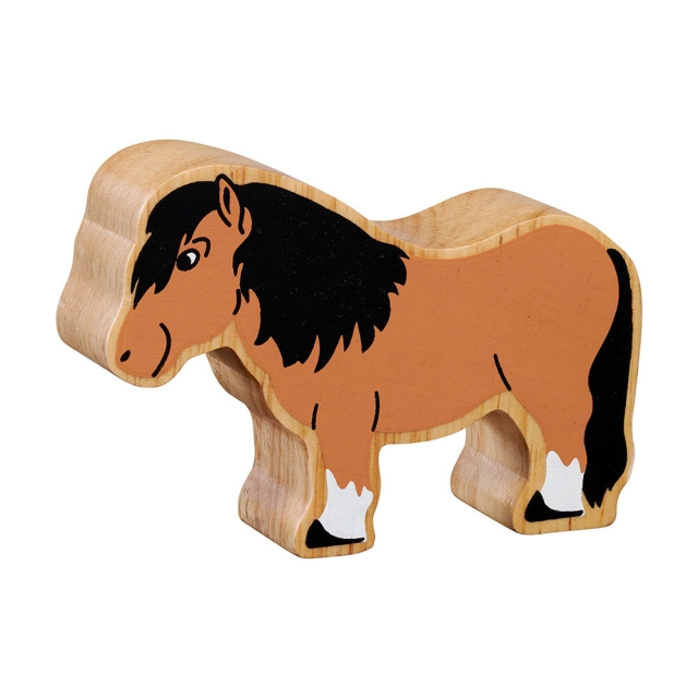 A chunky wooden brown shetland pony toy figure in profile