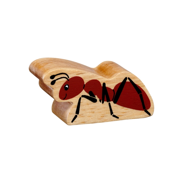 A chunky wooden brown ant toy figure in profile