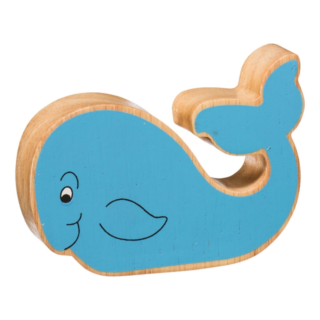 A chunky wooden painted blue whale toy figure in profile with a natural wood edge