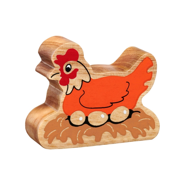 A chunky wooden orange toy hen on a nest figure in profile