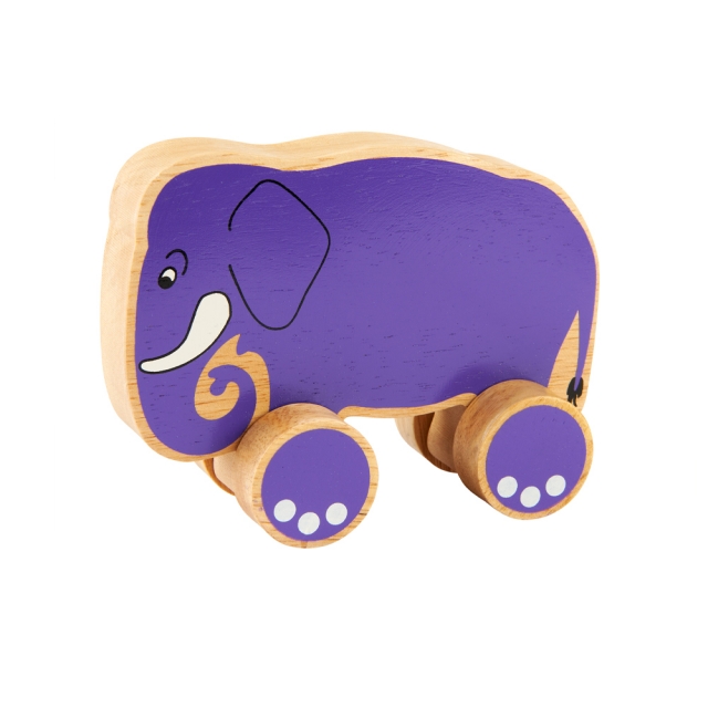 Chunky natural wood purple elephant on wheels push along