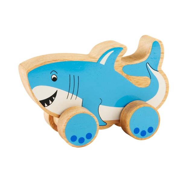 Chunky natural wood blue and white shark on wheels push along