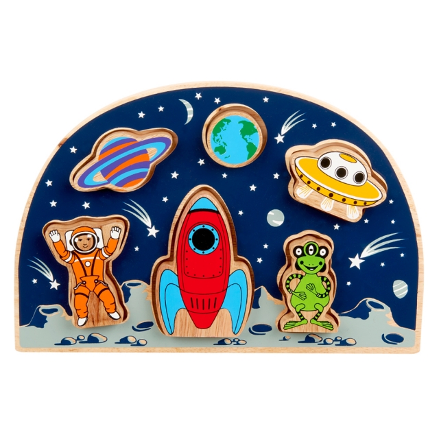 Childrens wooden toy space themed shape sorter tray with six removable space characters in allotted